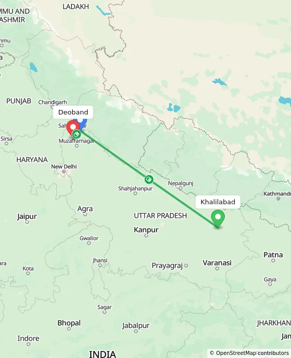 Route map showing distance and travel time from Khalilabad, India to Deoband, India