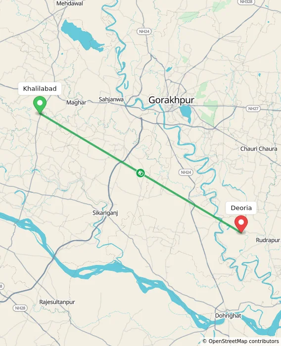 Route map showing distance and travel time from Khalilabad, India to Deoria, India