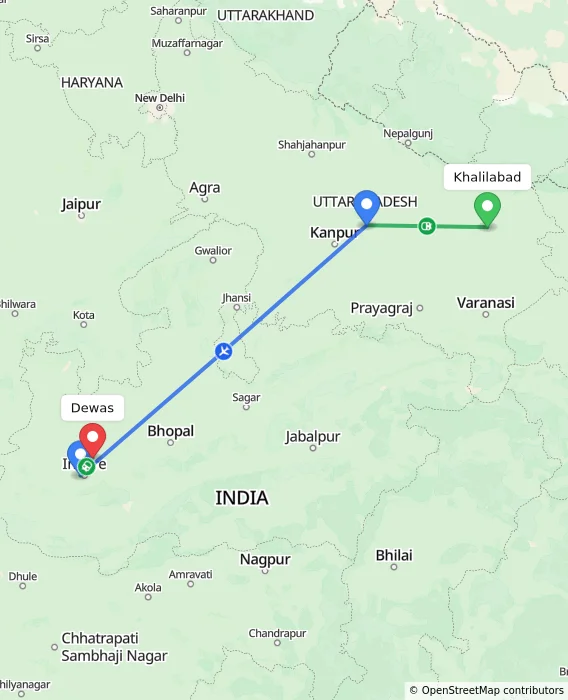 Route map showing distance and travel time from Khalilabad, India to Dewas, India