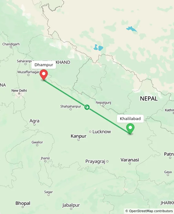 Route map showing distance and travel time from Khalilabad, India to Dhampur, India