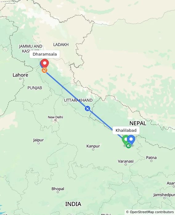 Route map showing distance and travel time from Khalilabad, India to Dharamsala, India