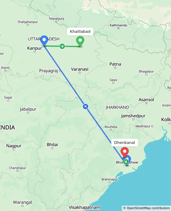 Route map showing distance and travel time from Khalilabad, India to Dhenkanal, India
