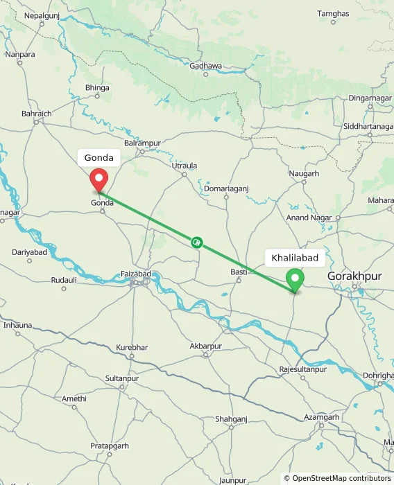 Route map showing distance and travel time from Khalilabad, India to Gonda, India