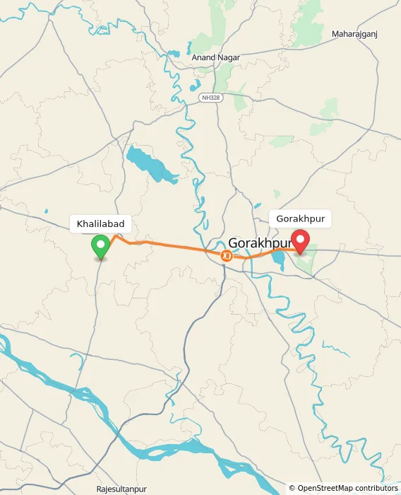 Route map showing distance and travel time from Khalilabad, India to Gorakhpur, India