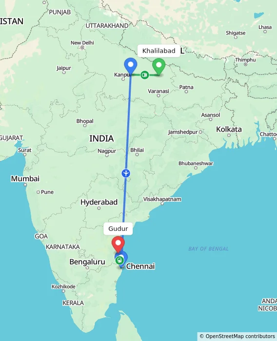 Route map showing distance and travel time from Khalilabad, India to Gudur, India
