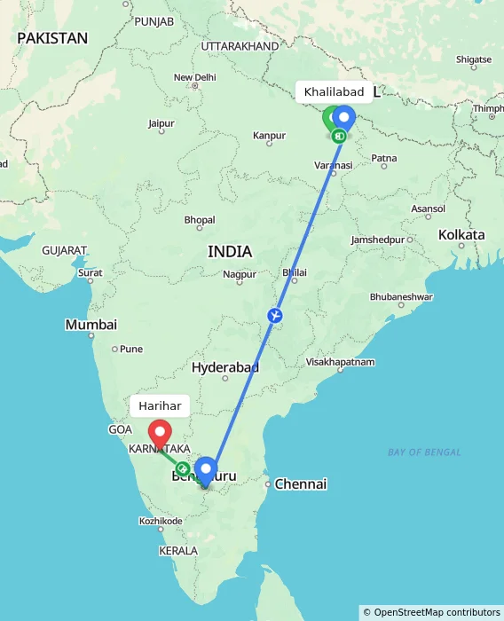 Route map showing distance and travel time from Khalilabad, India to Harihar, India