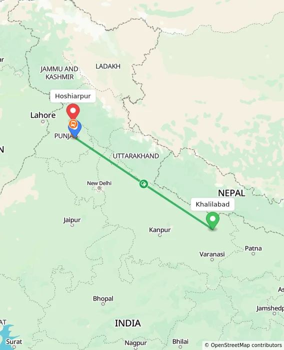 Route map showing distance and travel time from Khalilabad, India to Hoshiarpur, India