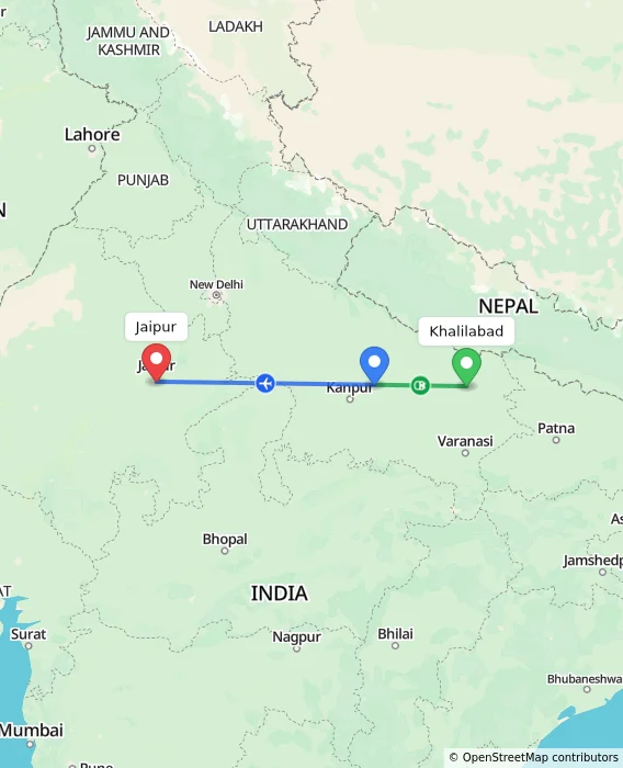 Route map showing distance and travel time from Khalilabad, India to Jaipur, India