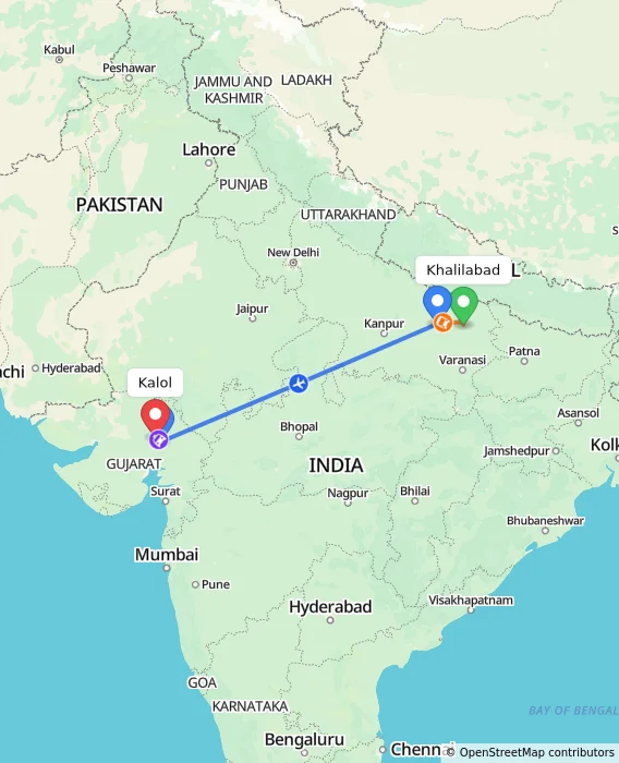 Route map showing distance and travel time from Khalilabad, India to Kalol, India