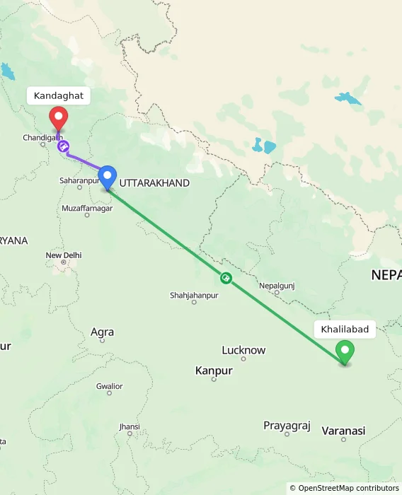 Route map showing distance and travel time from Khalilabad, India to Kandaghat, India