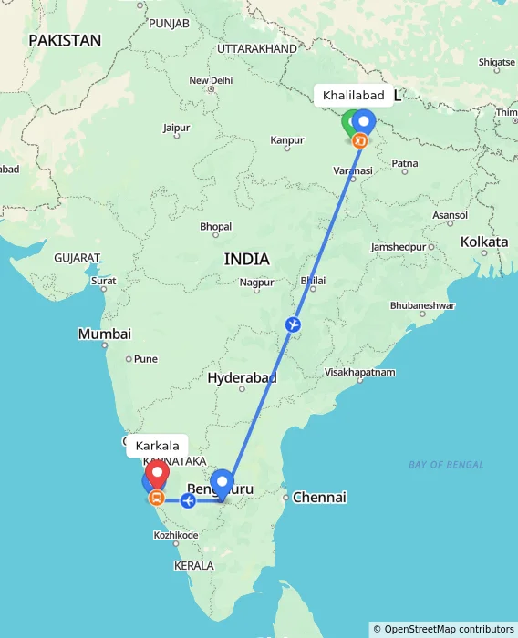 Route map showing distance and travel time from Khalilabad, India to Karkala, India