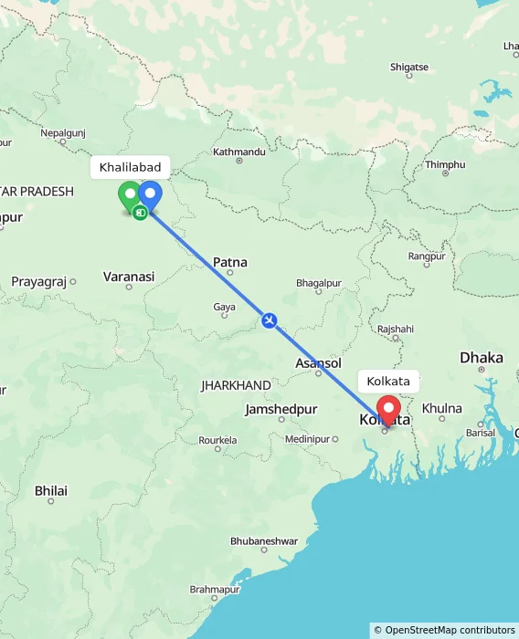Route map showing distance and travel time from Khalilabad, India to Kolkata, India