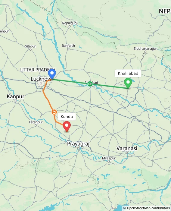 Route map showing distance and travel time from Khalilabad, India to Kunda, India