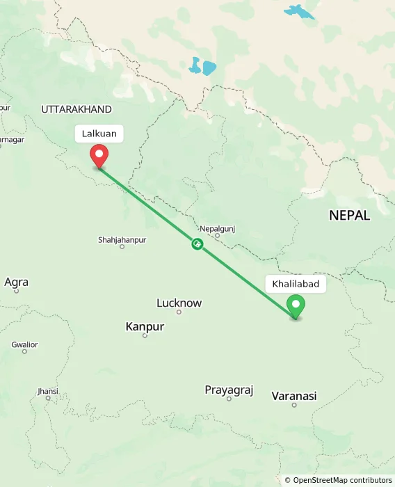 Route map showing distance and travel time from Khalilabad, India to Lalkuan, India