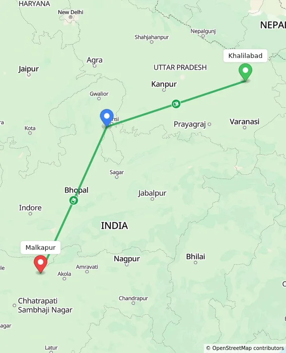Route map showing distance and travel time from Khalilabad, India to Malkapur, India