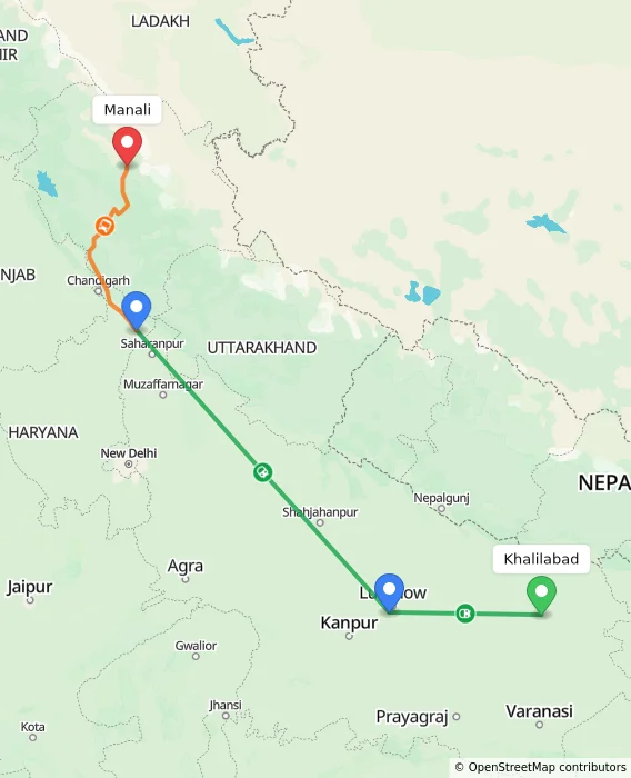 Route map showing distance and travel time from Khalilabad, India to Manali, India
