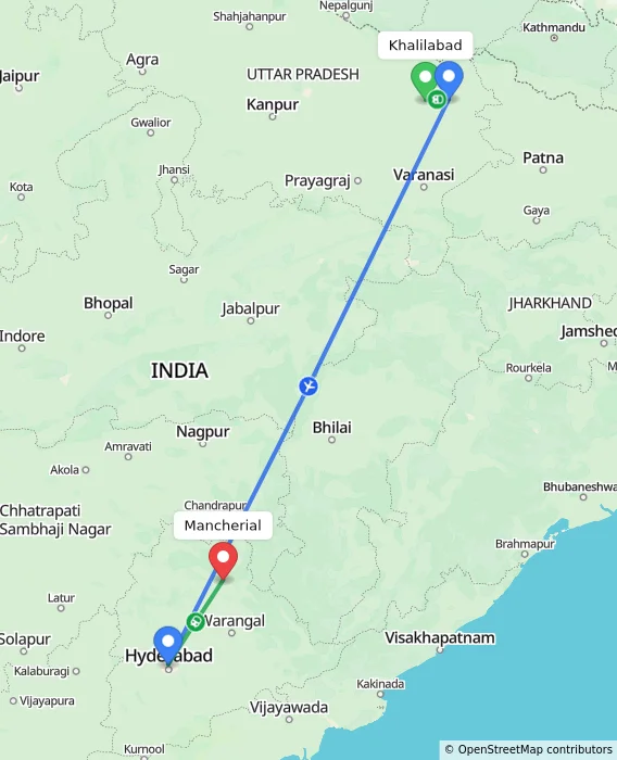 Route map showing distance and travel time from Khalilabad, India to Mancherial, India