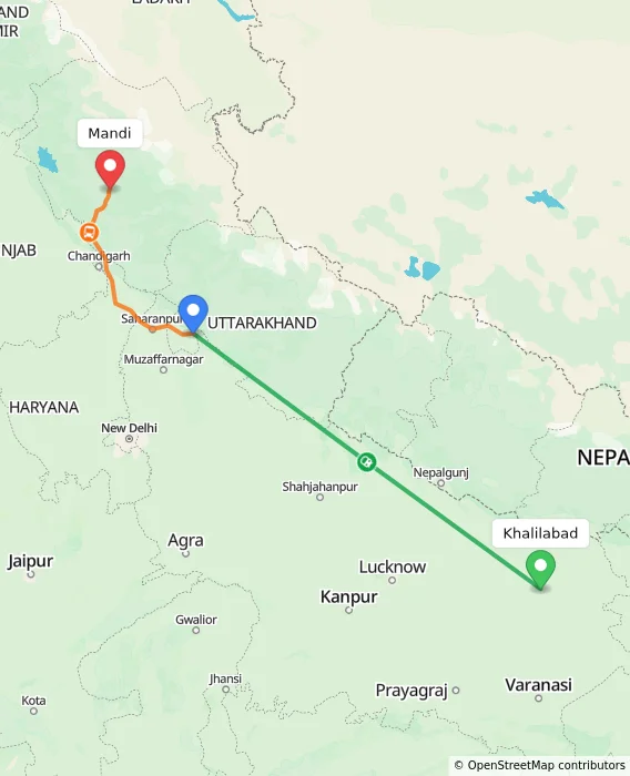 Route map showing distance and travel time from Khalilabad, India to Mandi, India