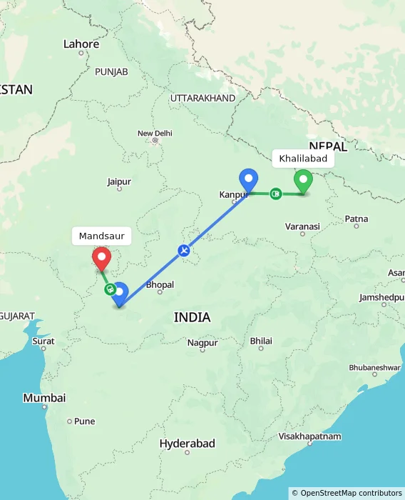 Route map showing distance and travel time from Khalilabad, India to Mandsaur, India