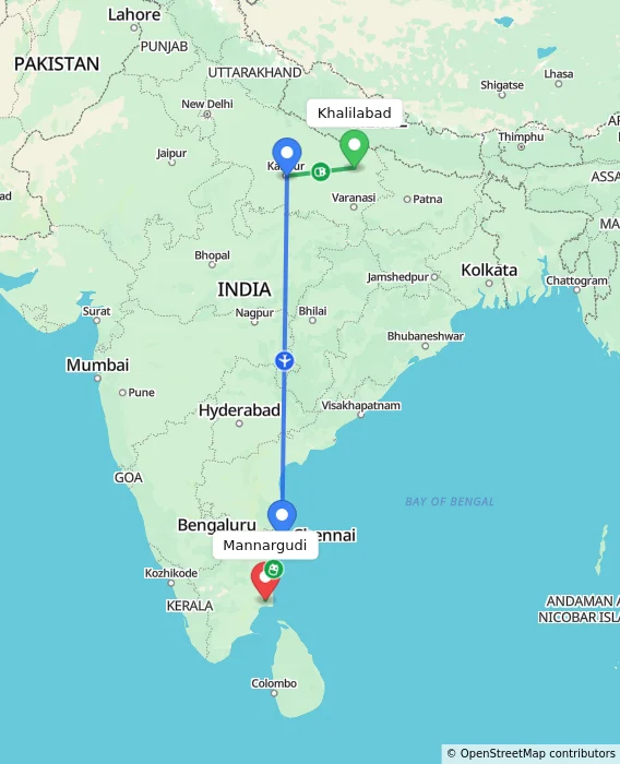 Route map showing distance and travel time from Khalilabad, India to Mannargudi, India