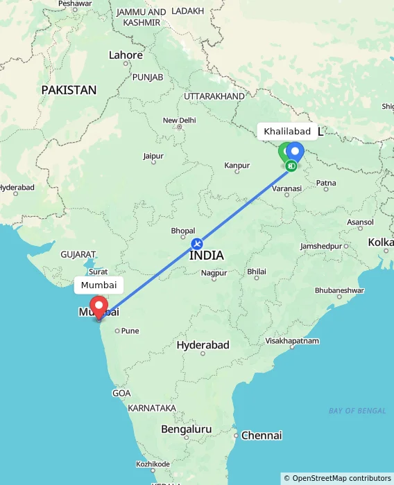 Route map showing distance and travel time from Khalilabad, India to Mumbai, India
