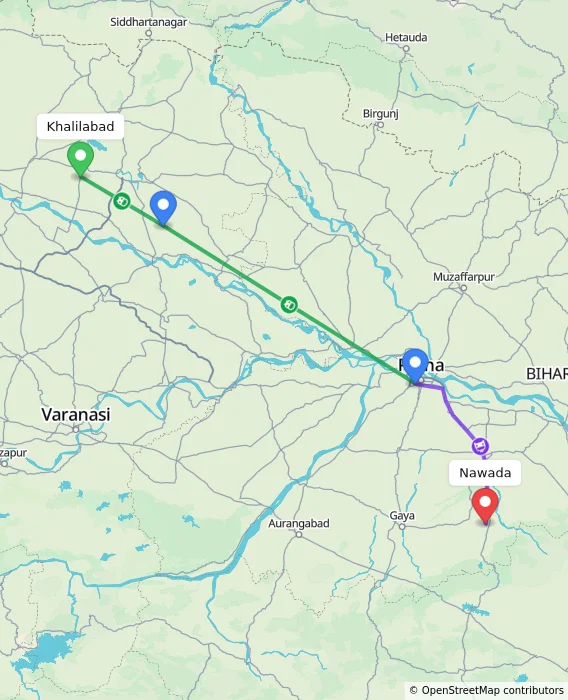 Route map showing distance and travel time from Khalilabad, India to Nawada, India