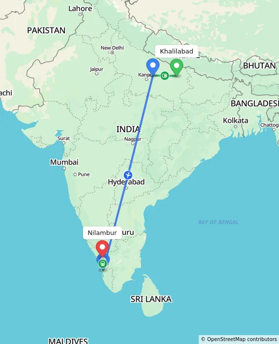 Route map showing distance and travel time from Khalilabad, India to Nilambur, India