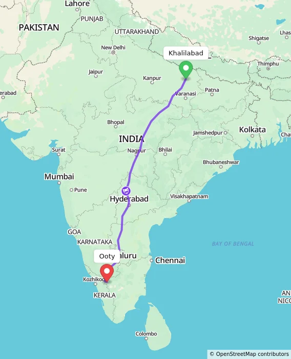 Route map showing distance and travel time from Khalilabad, India to Ooty, India
