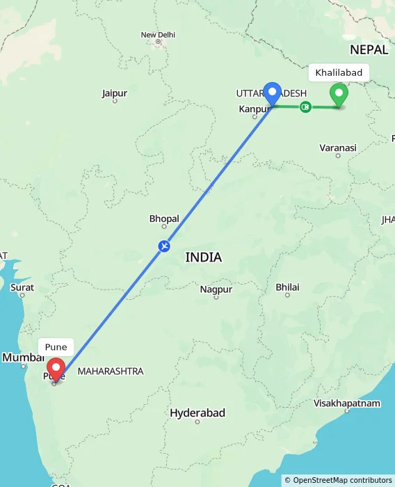 Route map showing distance and travel time from Khalilabad, India to Pune, India