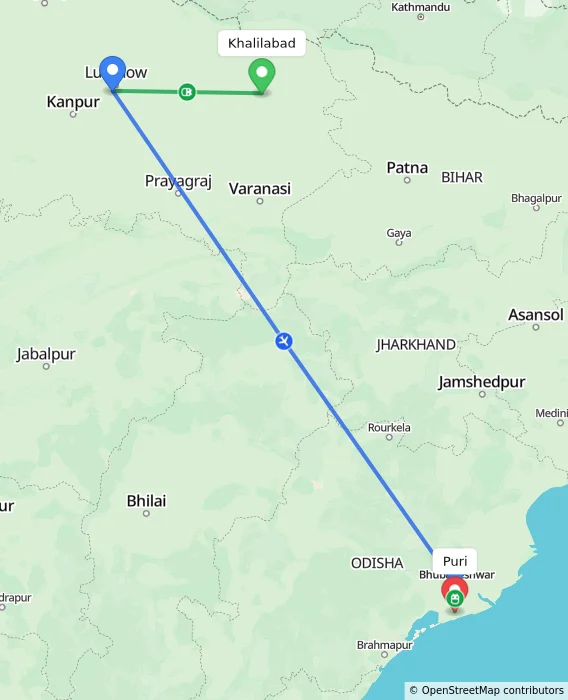 Route map showing distance and travel time from Khalilabad, India to Puri, India