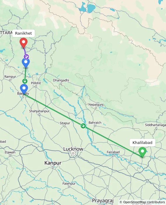 Route map showing distance and travel time from Khalilabad, India to Ranikhet, India