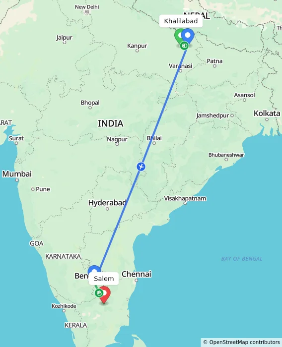 Route map showing distance and travel time from Khalilabad, India to Salem, India