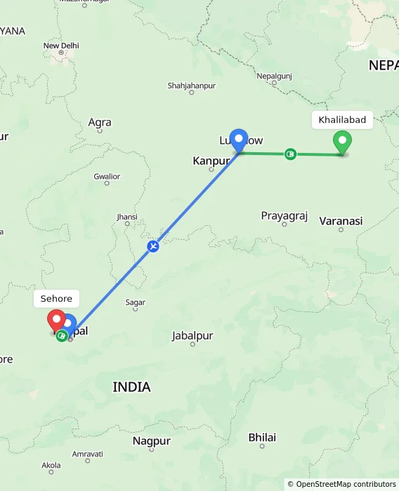 Route map showing distance and travel time from Khalilabad, India to Sehore, India