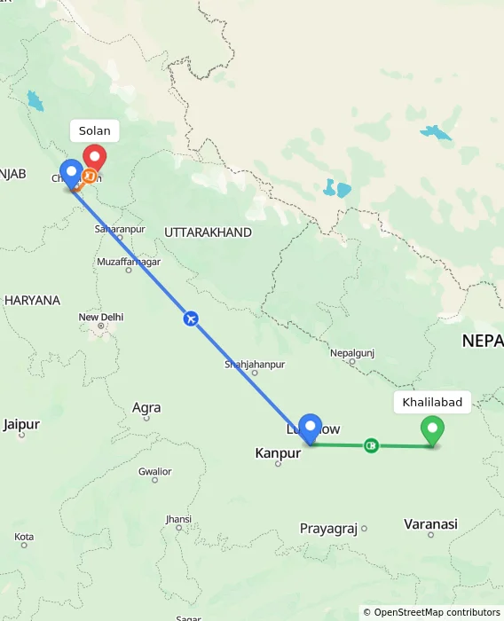 Route map showing distance and travel time from Khalilabad, India to Solan, India