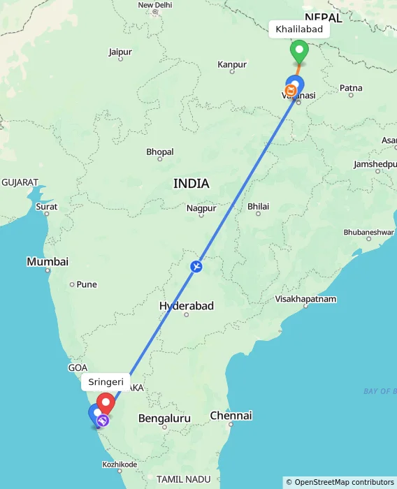 Route map showing distance and travel time from Khalilabad, India to Sringeri, India