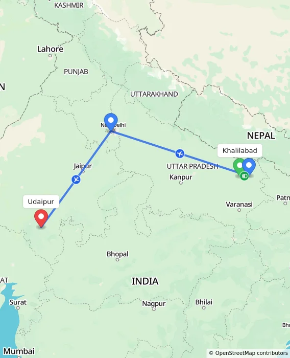 Route map showing distance and travel time from Khalilabad, India to Udaipur, India