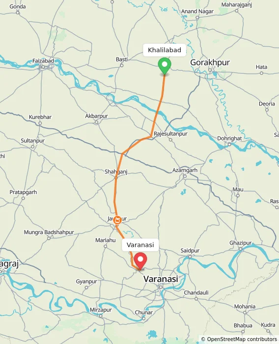 Route map showing distance and travel time from Khalilabad, India to Varanasi, India