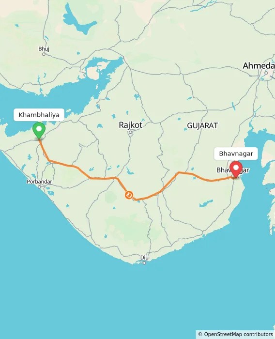 Route map showing distance and travel time from Khambhaliya, India to Bhavnagar, India