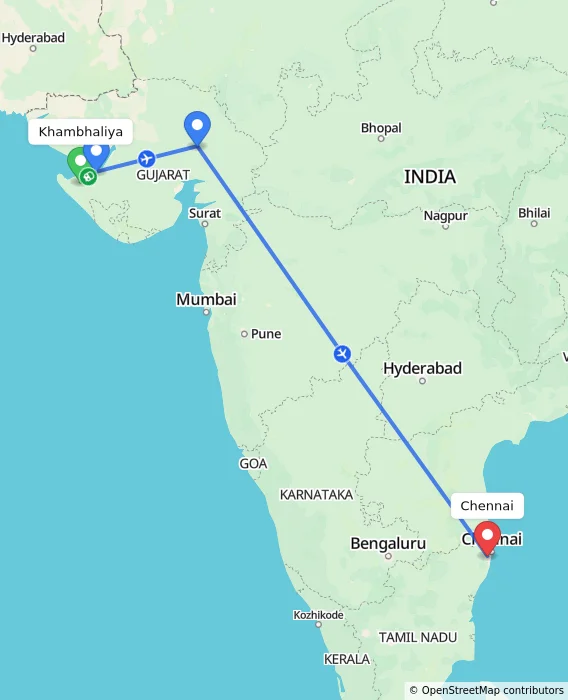 Route map showing distance and travel time from Khambhaliya, India to Chennai, India