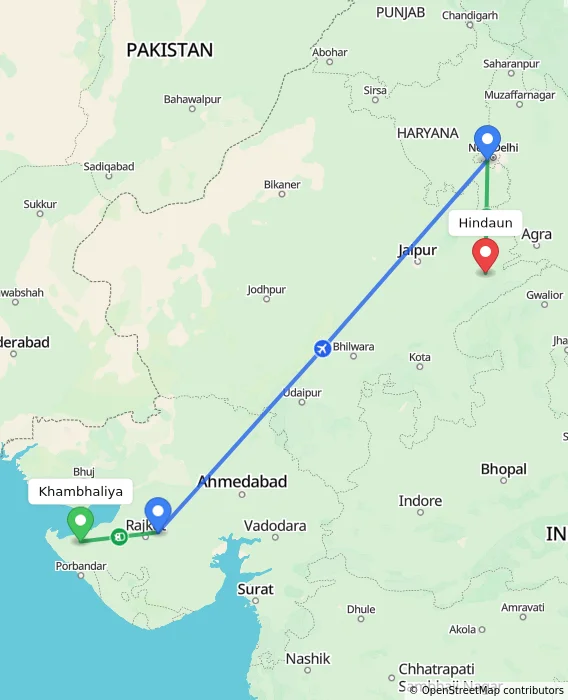 Route map showing distance and travel time from Khambhaliya, India to Hindaun, India