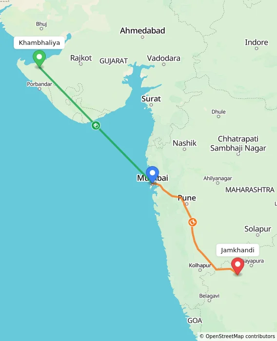 Route map showing distance and travel time from Khambhaliya, India to Jamkhandi, India