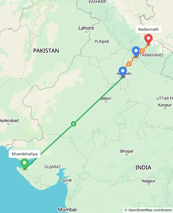 Route map showing distance and travel time from Khambhaliya, India to Kedarnath, India