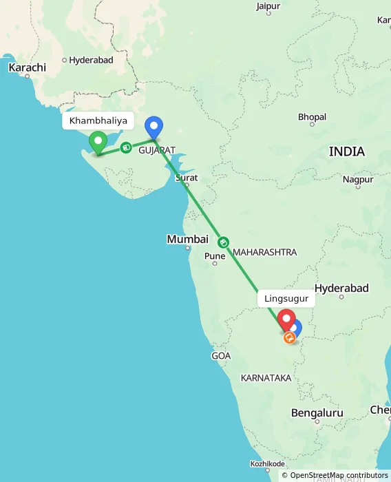 Route map showing distance and travel time from Khambhaliya, India to Lingsugur, India