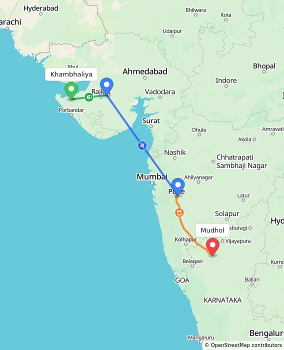 Route map showing distance and travel time from Khambhaliya, India to Mudhol, India