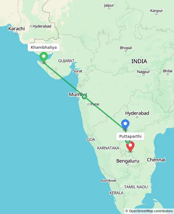 Route map showing distance and travel time from Khambhaliya, India to Puttaparthi, India