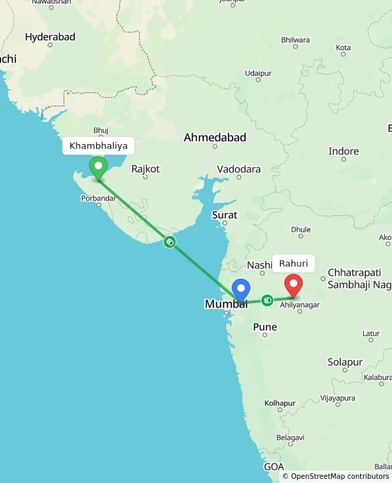 Route map showing distance and travel time from Khambhaliya, India to Rahuri, India