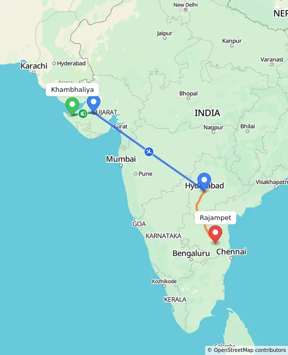 Route map showing distance and travel time from Khambhaliya, India to Rajampet, India