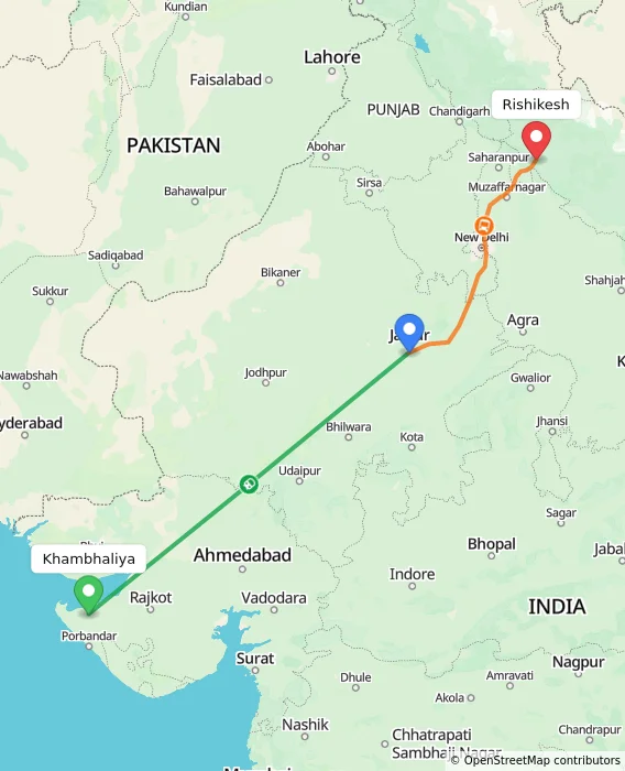 Route map showing distance and travel time from Khambhaliya, India to Rishikesh, India