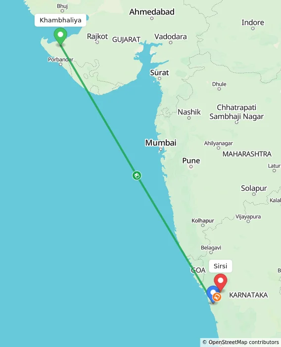 Route map showing distance and travel time from Khambhaliya, India to Sirsi, India