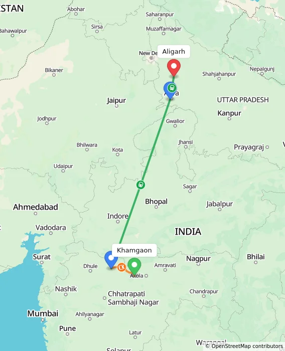 Route map showing distance and travel time from Khamgaon, India to Aligarh, India